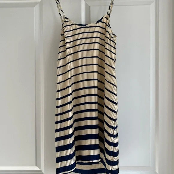 Mango Blue and Cream Pleated Slip Dress Spaghetti Strap Mini - Picture 7 of 11
